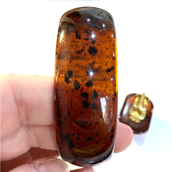 Tortoise Shell Lucite jewelry bangle bracelet clip on earrings signed W Germany - Picture 4 of 10